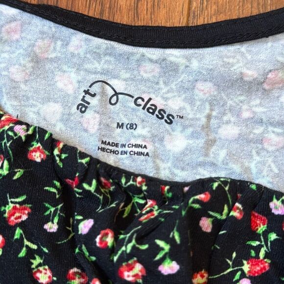 NWT Art Class Medium (8) Black Floral Short Sleeve Blouse Top Square Neck Ruched - Picture 6 of 6